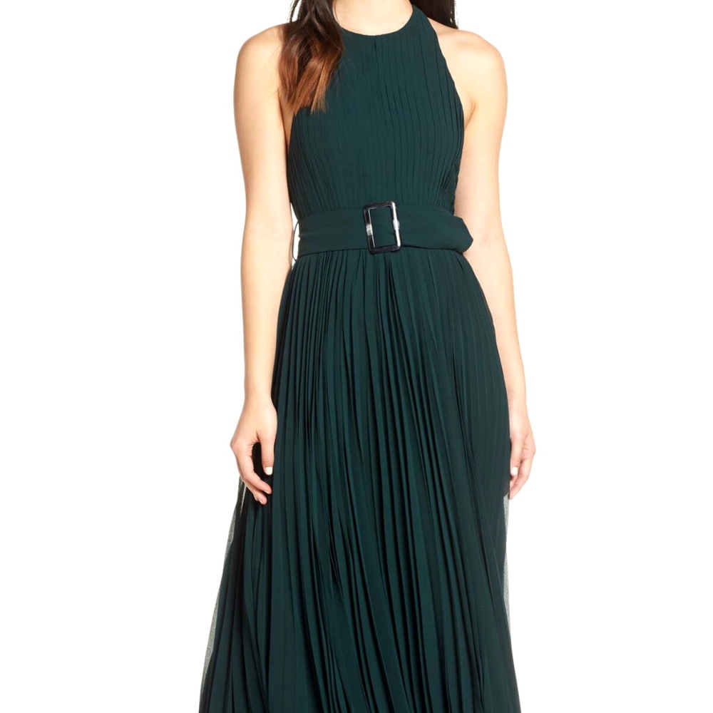 NEW Fame & Partners FOREST GREEN The Felice HALTER Pleated BELT Evening GOWN 10 - Picture 5 of 16